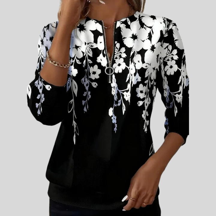 Karin | Sweatshirt mit Blumenprint und kurzem Reißverschluss