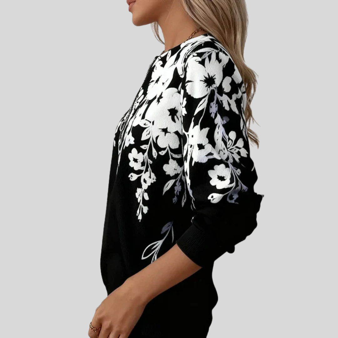 Karin | Sweatshirt mit Blumenprint und kurzem Reißverschluss