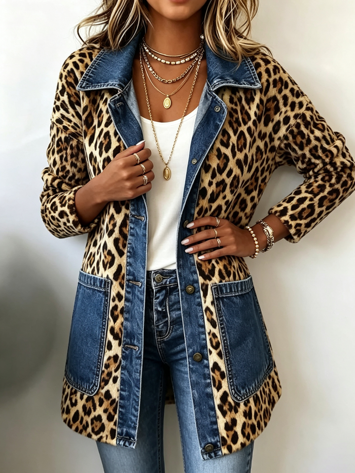 Madeleine | Leopardenmuster Denim Paneel Kontrast Langjacke