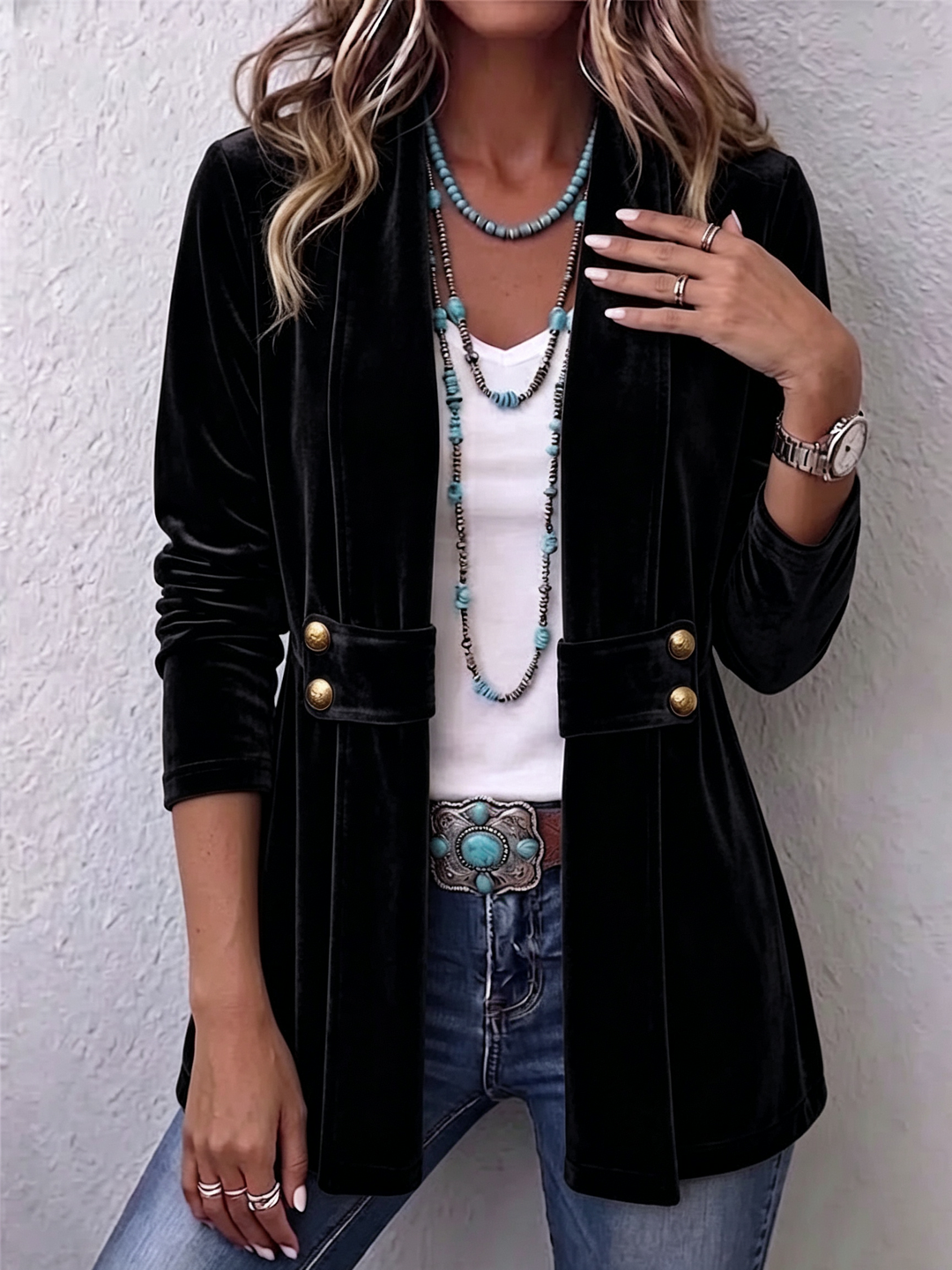 Renée | Vintage Revers Knopf Detail Lange Ärmel Offene Jacke