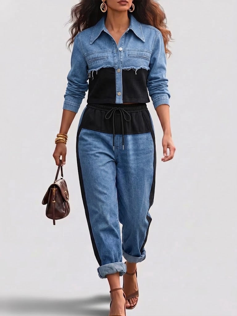 Danielle | Farbblockierte Cropped Jacke & Weite Hose Set