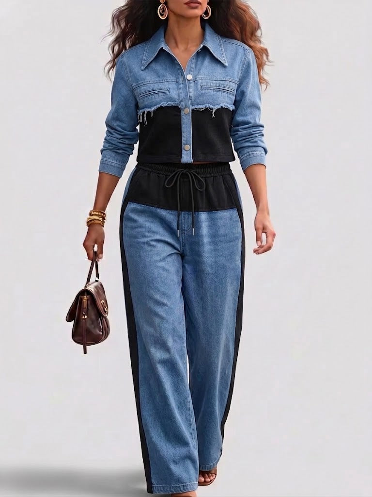 Danielle | Farbblockierte Cropped Jacke & Weite Hose Set