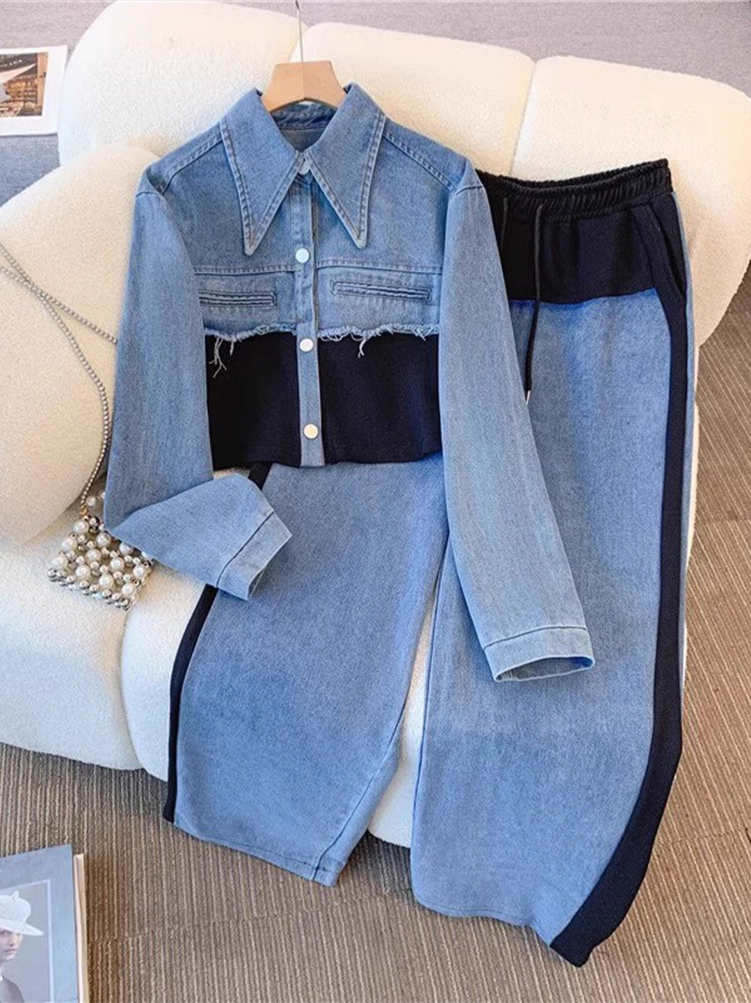 Danielle | Farbblockierte Cropped Jacke & Weite Hose Set